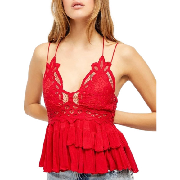 Free People XS Adella Crochet Lace Cami Cherry Red NWT - Picture 1 of 5